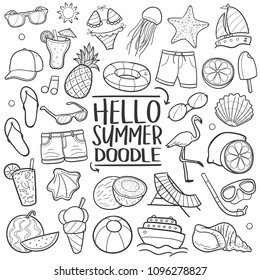 Hello Summer Vacation Traditional Doodle Icons Sketch Hand Made Design Vector.