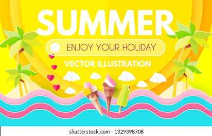 Hello. Summer! Vacation and Travel. Enjoy Your Hot Sea Holiday! Vector illustration