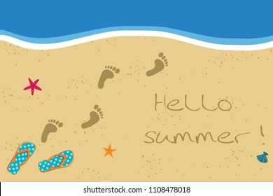 Hello Summer vacation vector illustration with pair of flip flops and human barefoot  foot prints on the sand going into water. Sandy sea  shore with footprints and shells.