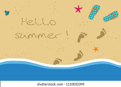 Hello Summer vacation vector illustration with pair of flip flops and human barefoot  foot prints on the sand going out of water. Sandy sea  shore with footprints and shells.