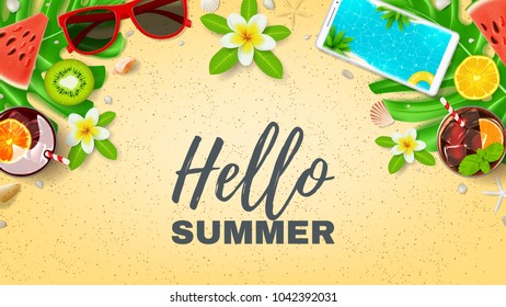 Hello Summer vacation web banner. Top view on summer composition with realistic objects on beach sand. Vector illustration. Concept of seasonal recreation in tropical countries.