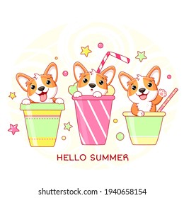 Hello summer. Vacations card with cute corgi dog in cocktail cups. Collection of dogs with different emotion - funny, happy, surprised, sticking out tongue. Vector illustration EPS8