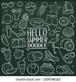 Hello Summer Vacations. Chalkboard Doodle Icons. Sketch Hand Made Design Vector Art.