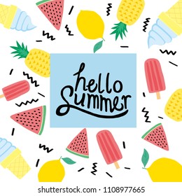  hello summer a variety of fruit patterns in summer Vector illustration.