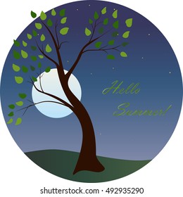 Hello Summer! Vector abstract illustration of decorative Japanese cherry tree - sakura against full moon and stars. Oriental round poster. Asia concept. Eps 8.