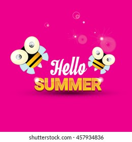 Hello summer vector background with baby bee flying. kids background with funny cartoons bee. pink cartoon background