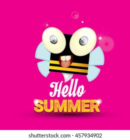 Hello summer vector background with baby bee flying. kids background with funny cartoons bee. pink cartoon background