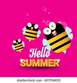 Hello summer vector background with baby bee flying. kids background with funny cartoons bee. pink cartoon background