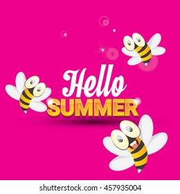 Hello summer vector background with baby bee flying. kids background with funny cartoons bee. pink cartoon background