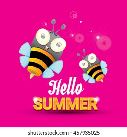 Hello summer vector background with baby bee flying. kids background with funny cartoons bee. pink cartoon background