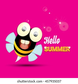 Hello summer vector background with baby bee flying. kids background with funny cartoons bee. pink cartoon background