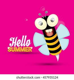 Hello summer vector background with baby bee flying. kids background with funny cartoons bee. pink cartoon background
