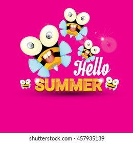 Hello summer vector background with baby bee flying. kids background with funny cartoons bee. pink cartoon background