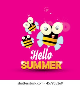Hello summer vector background with baby bee flying. kids background with funny cartoons bee. pink cartoon background