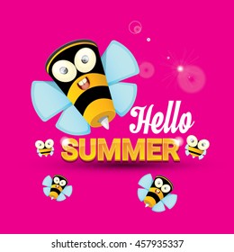Hello summer vector background with baby bee flying. kids background with funny cartoons bee. pink cartoon background
