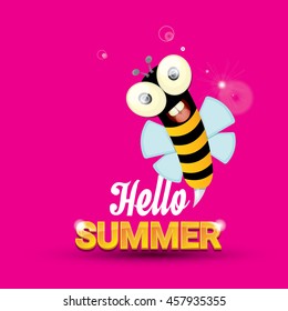 Hello summer vector background with baby bee flying. kids background with funny cartoons bee. pink cartoon background