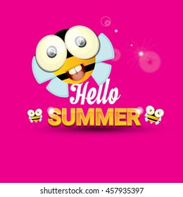 Hello summer vector background with baby bee flying. kids background with funny cartoons bee. pink cartoon background