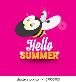 Hello summer vector background with baby bee flying. kids background with funny cartoons bee. pink cartoon background