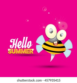 Hello summer vector background with baby bee flying. kids background with funny cartoons bee. pink cartoon background