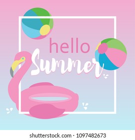 Hello Summer vector background with ball and flamingo.
