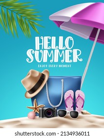 Hello summer vector background. Summer beach elements and hello summer text in white sand seashore for holiday vacation season design. Vector illustration.
