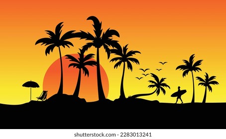 Hello summer vector background , Summer beach, palm tree silhouette