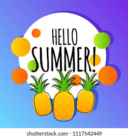 Hello summer vector background card with pineapples