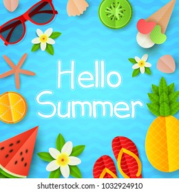 Hello summer vector background. Summer composition with flat paper cut elements on blue backdrop. Seasonal illustration.