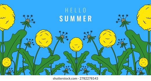 Hello Summer vector background. Vector dandelion Flowers Frame with hello Summer bold message isolated blue background. Blowball floral horizontal banner design. Editable stroke EPS 10