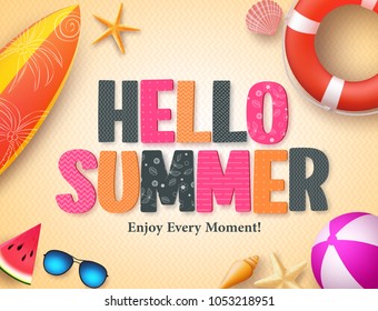 Hello summer vector background design with colorful 3D pattern text and beach elements in yellow textured background for summer season. Vector illustration.
