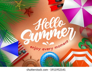 Hello summer vector background design. Hello summer, enjoy every moment text with beach sand background and  umbrella and palm leaves tropical season vacation elements. Vector illustration