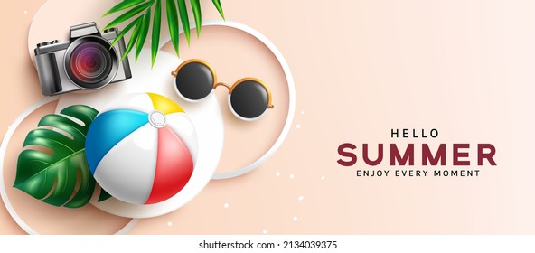 Hello summer vector background design. Hello summer text with beach ball, camera and sunglasses elements in minimalist space for flat lay photography. Vector illustration.
