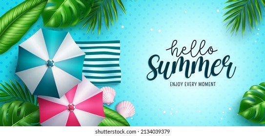 Hello summer vector background design. Hello summer greeting text in blue water pattern with leaves and umbrella tropical elements for relaxing holiday vacation. Vector illustration.
