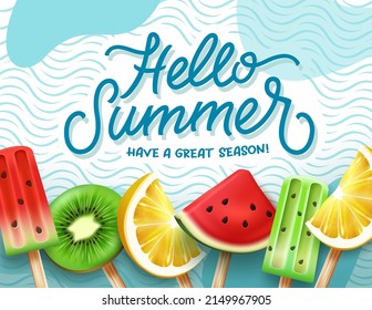 Hello summer vector background design. Hello summer greeting text with fruits and popsicles element in waves pattern and abstract for great tropical holiday season. Vector illustration.
