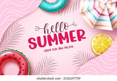 Hello summer vector background design. Hello summer text in pinks decoration with tropical fruit elements and abstract pattern for fun and enjoy holiday greeting. Vector illustration.
