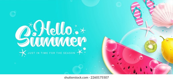 Hello summer vector background. Hello summer greeting text with fruits element like watermelon, lemon and kiwi. Vector illustration summer greeting.
