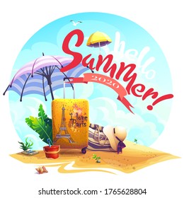 Hello summer vector background illustration travel suitcase, beach umbrella on the sand. For print on demand, commercials, magazines and newspapers, book covers, flyers