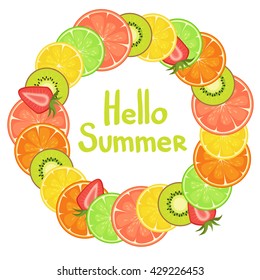 Hello summer vector background illustration with citrus, strawberry and kiwi. Fresh summer background. Round citrus wreath.