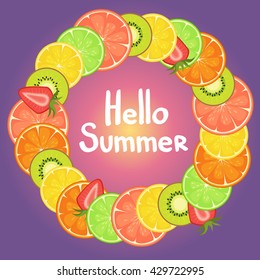Hello summer vector background illustration with citrus, strawberry and kiwi. Fresh summer background. Round citrus wreath on purple background.