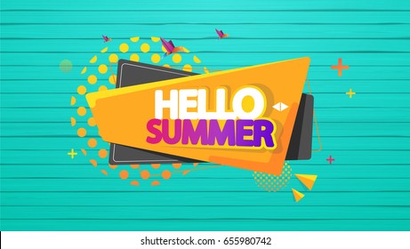 Hello Summer Vector Background, Label on Colorful Wooden Floor.