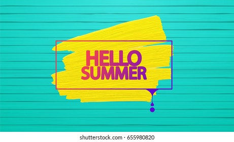 Hello Summer Vector Background, Label on Colorful Wooden Floor.