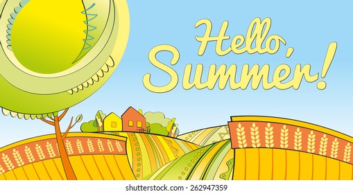 Hello summer. Vector background with summer landscape