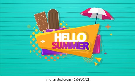 Hello Summer Vector Background, Lettering with Ice Cream on Colorful Wooden Floor.