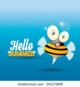 Hello summer vector background with sunny sky and baby bee flying. kids background with funny cartoons bee