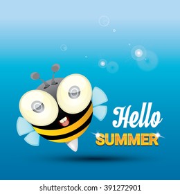 Hello summer vector background with sunny sky and baby bee flying. kids background with funny cartoons bee