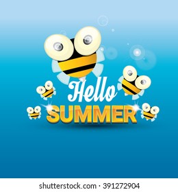 Hello summer vector background with sunny sky and baby bee flying. kids background with funny cartoons bee