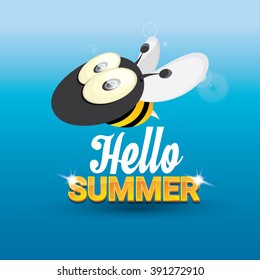 Hello summer vector background with sunny sky and baby bee flying. kids background with funny cartoons bee