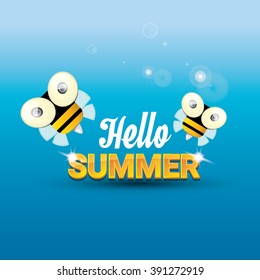 Hello summer vector background with sunny sky and baby bee flying. kids background with funny cartoons bee