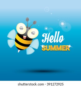 Hello summer vector background with sunny sky and baby bee flying. kids background with funny cartoons bee