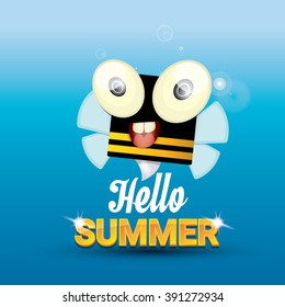 Hello summer vector background with sunny sky and baby bee flying. kids background with funny cartoons bee